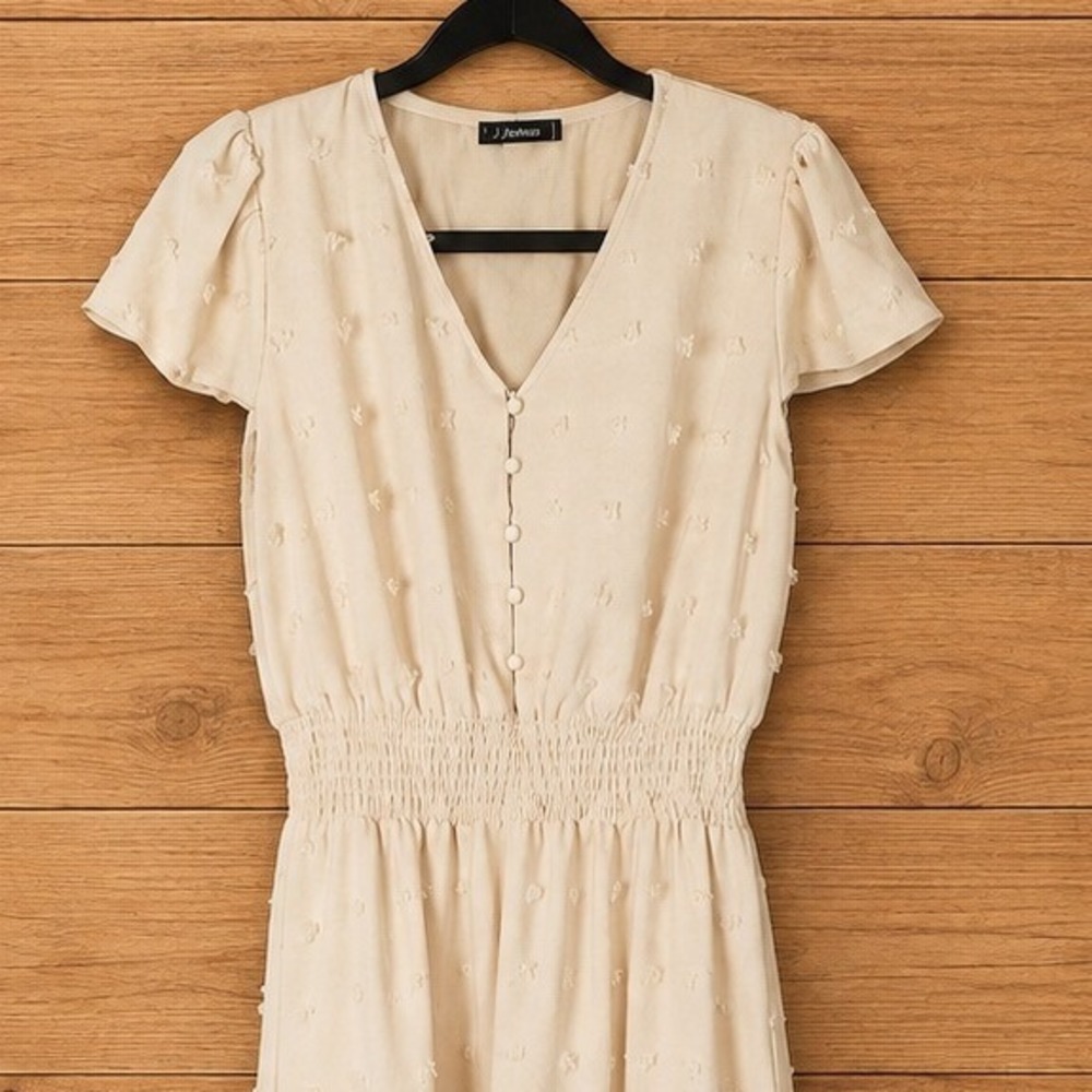 Cream Swiss Dot Maxi Dress Smocked Waist Pearl Button V-Neck Flutter Sleeve - Picture 2 of 8